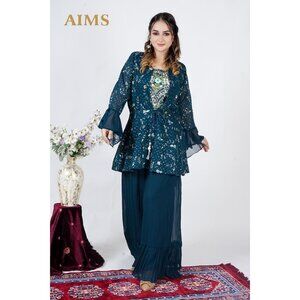 AIMS Women's Embroidered Floral Two-Piece Set With Flared Sleeves & Pleated Pant